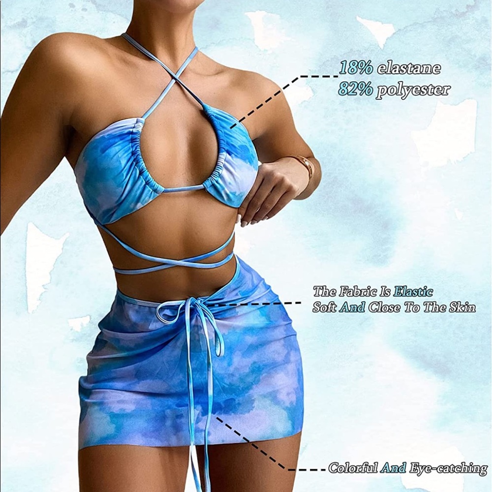 NEVER WORN - ROMWE BLUE TIE DYE BIKINI + COVER UP SKIRT - SIZE MEDIUM